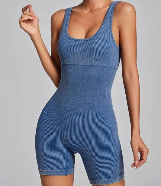 Women'S Yoga Jumpsuits Ribbed One Piece Padded Tank Tops Rompers Sleeveless Acid Wash Activewear Unitard Sexy Bodycon