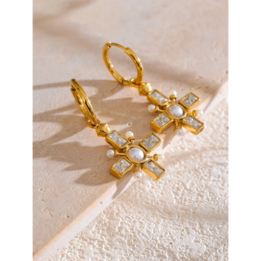 Zirconia Cross Hoop Earrings 