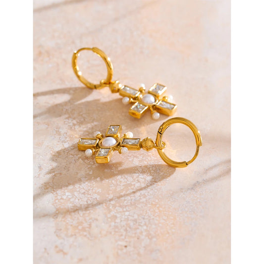 Zirconia Cross Hoop Earrings 