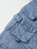 Blue Denim Cargo Pants (Close-up, Pockets)