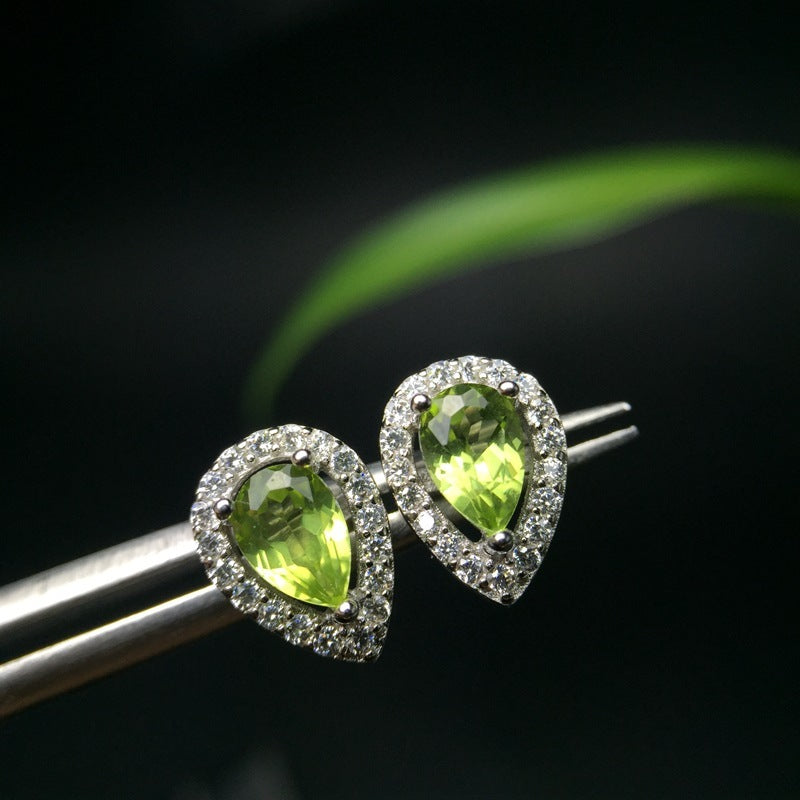 Natural Peridot Stud Earrings With Silver Inlays
