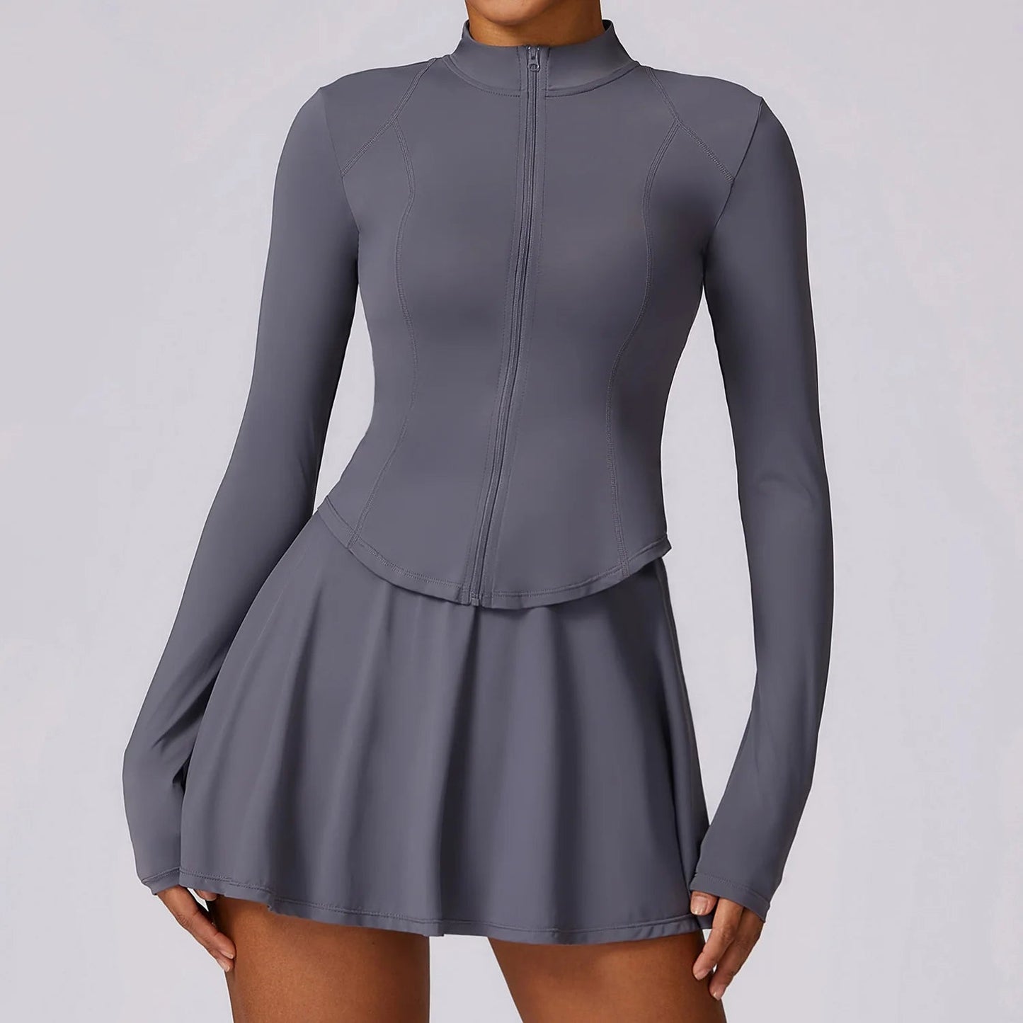 Gray Activewear Long Sleeves and Skirt Set