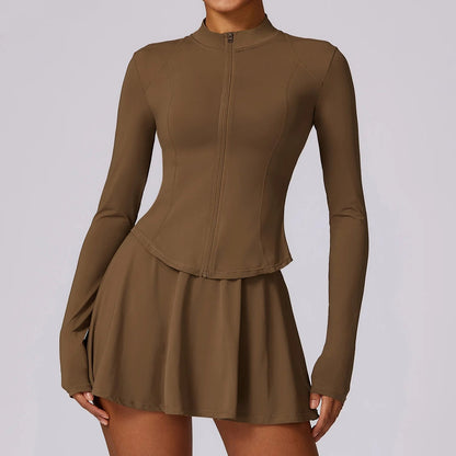 Brown Activewear Long Sleeves and Skirt Set