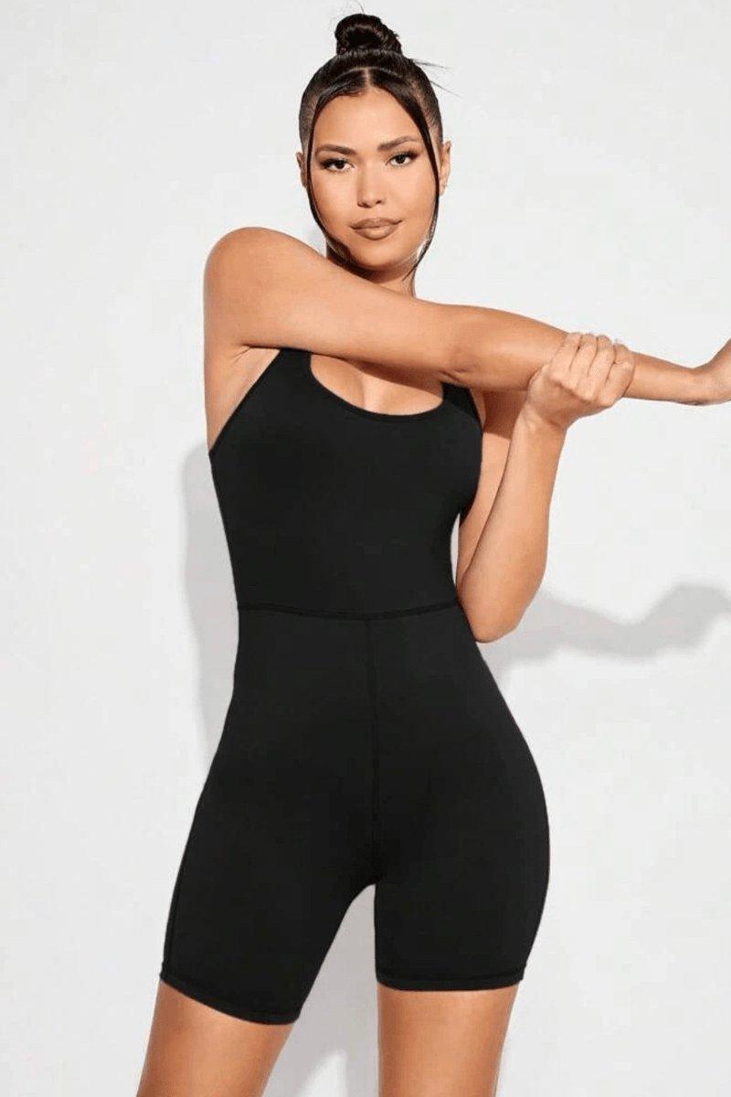 Solid Cross Back Sporty Romper, [product type]