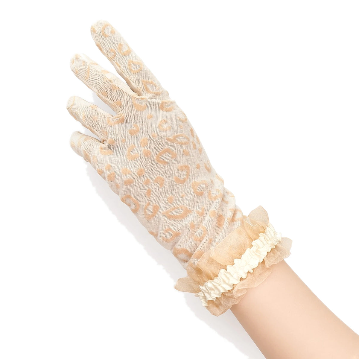 Leopard Lace Mesh Gloves — apricot close-up