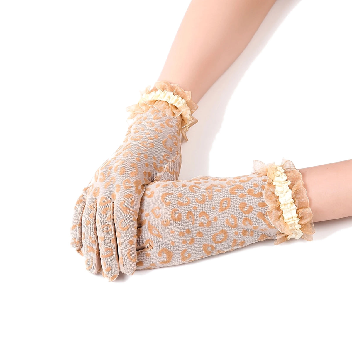 Leopard Lace Mesh Gloves — apricot front