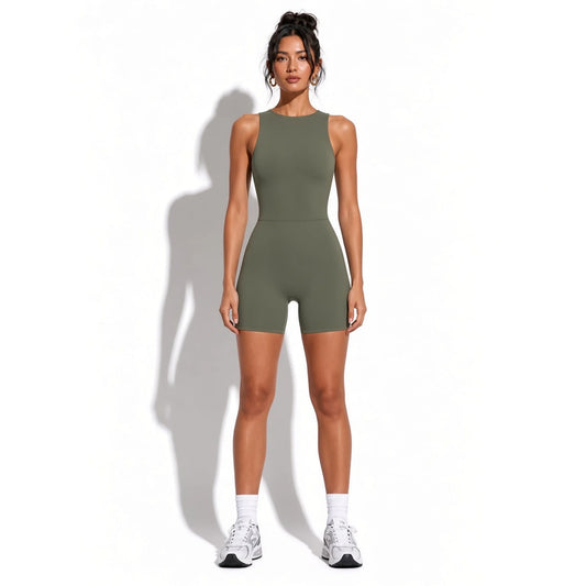 V Back Sports Jumpsuit — Army Green front