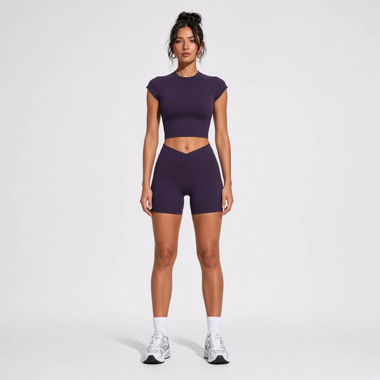 Short Sleeve Yoga Cropped Top — Aubergine front
