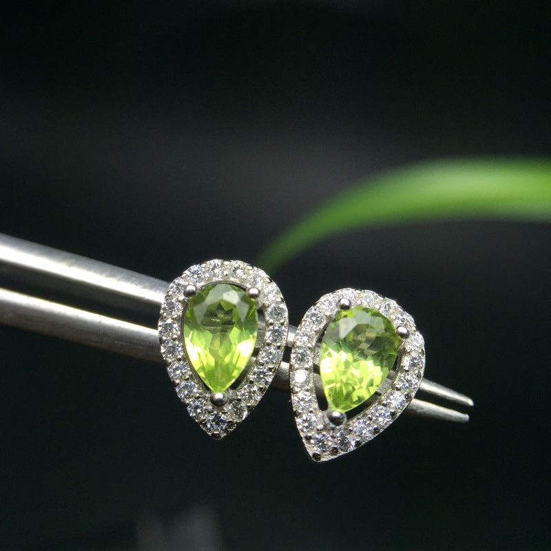 Natural Peridot Stud Earrings With Silver Inlays