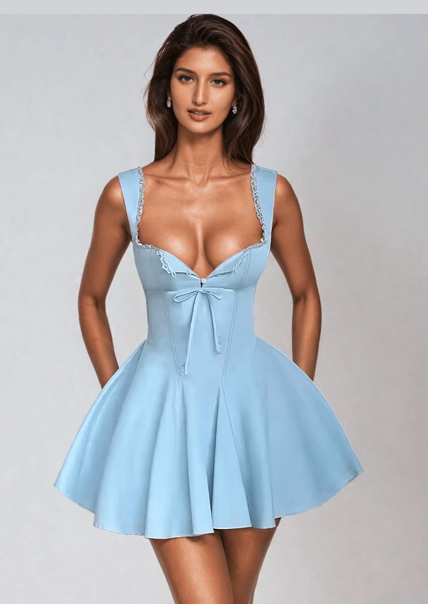 Baby Blue Lace-Trim Mini Dress, Blue / L Baby Blue Lace-Trim Mini Dress, Blue / L
