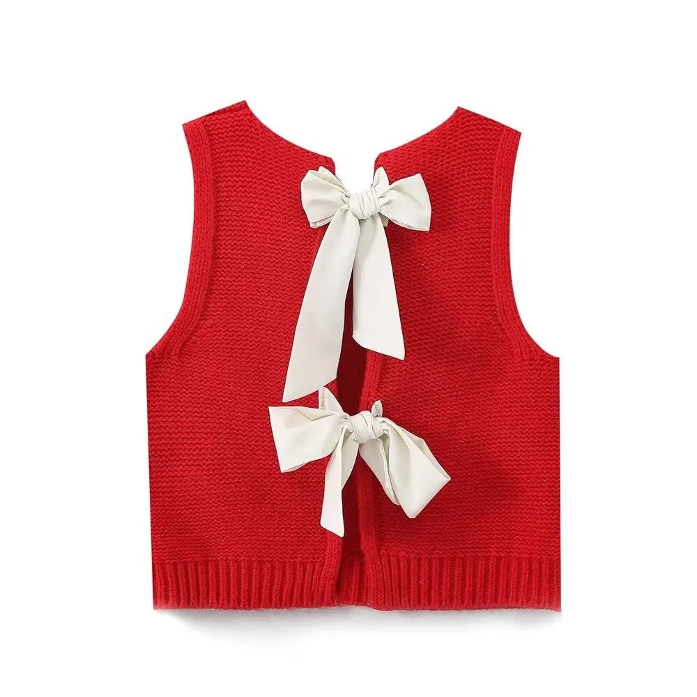 Red Back Bow Tie Knitted Vest - Back