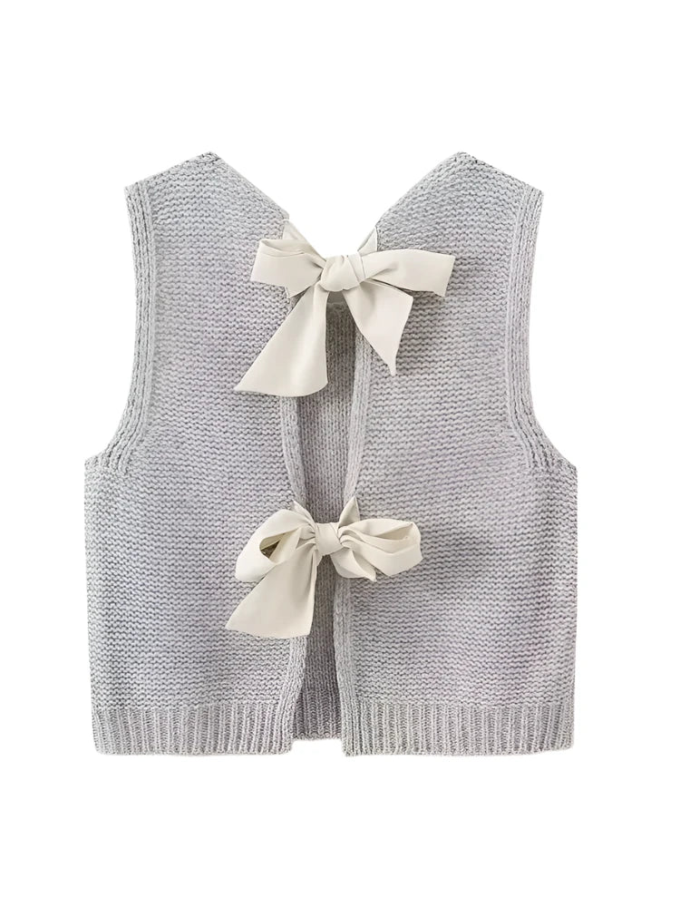 Gray Back Bow Tie Knitted Vest - Back