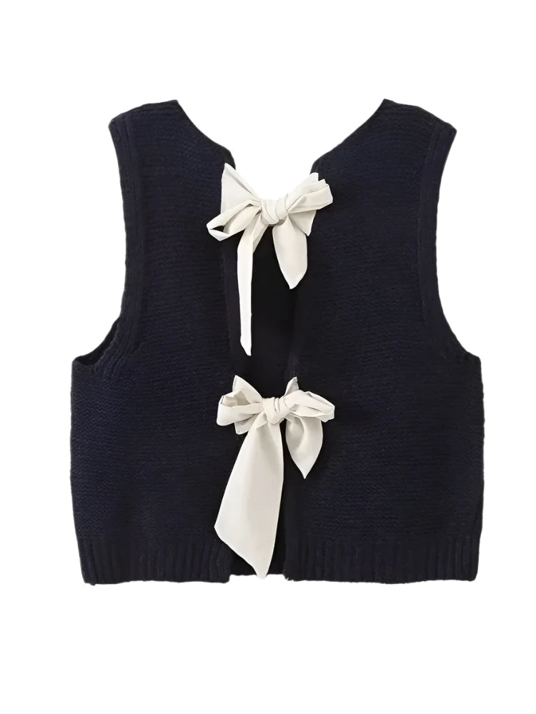 Black Back Bow Tie Knitted Vest - Back