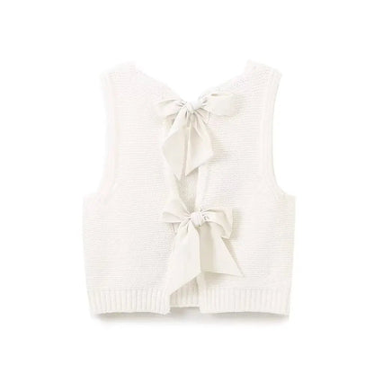 White Back Bow Tie Knitted Vest - Back