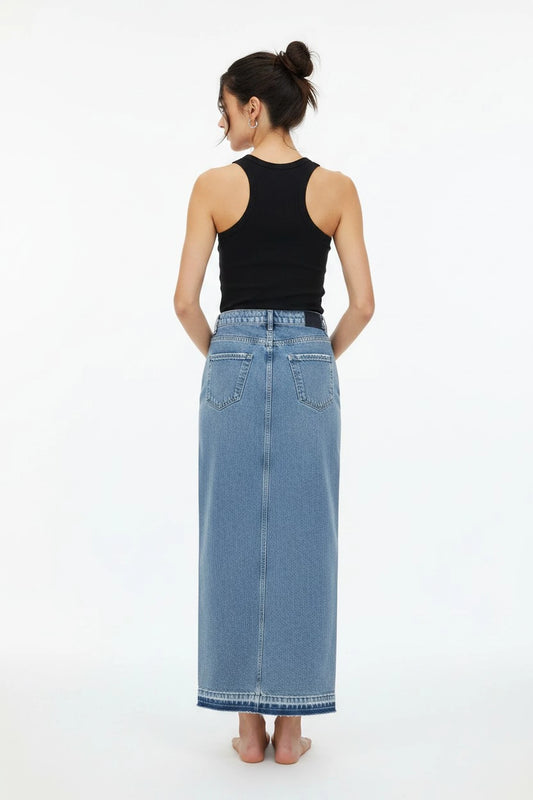 Denim Maxi Skirt — back on-model