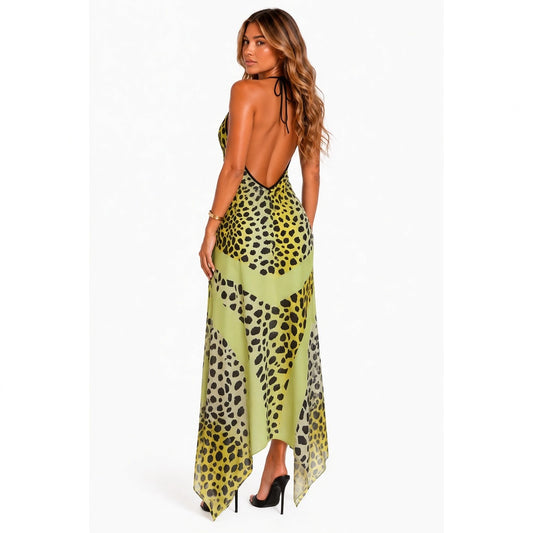 Leopard Keyhole Halter Chiffon Dress — back