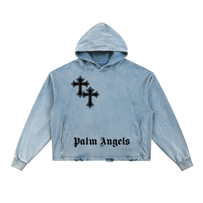 Vintage Street Washed Frayed-Hem Hoodie Unisex Loose Woven Sweatshirt