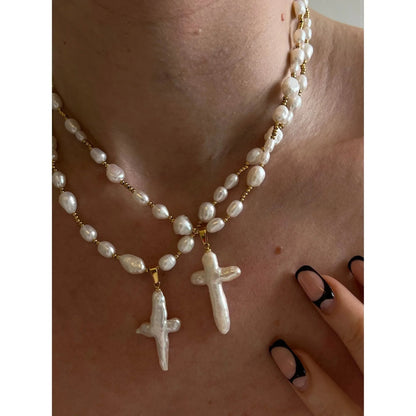 Baroque Pearl Cross Necklace