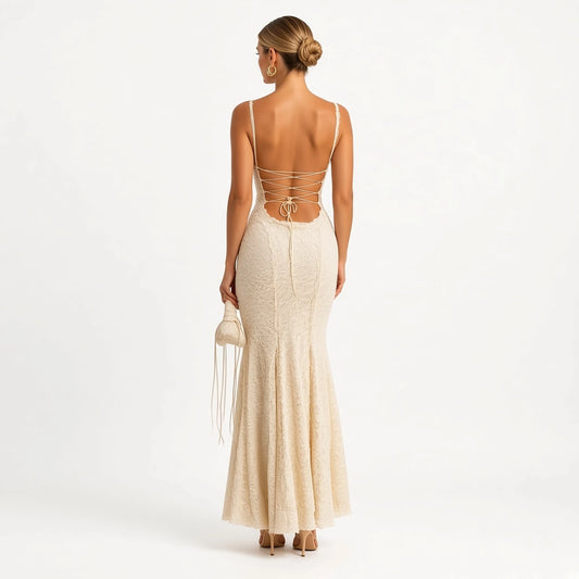 Lace Mermaid Maxi Dress — beige back