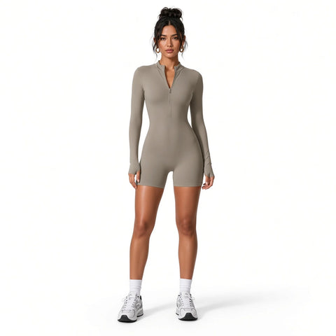 Long Sleeve Romper Activewear — Beige front