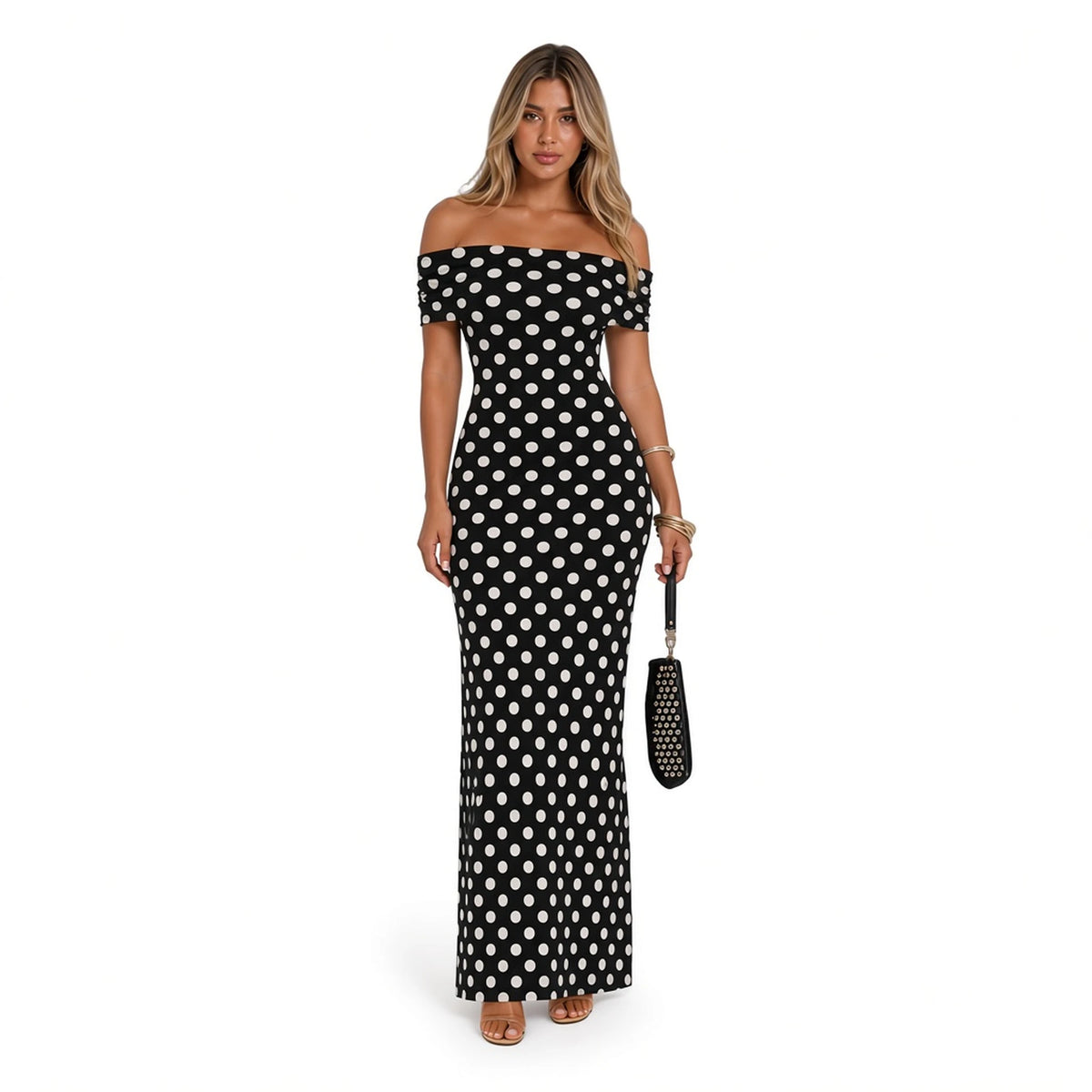 Retro Polka Dot Bodycon Long Dress — front with accessories