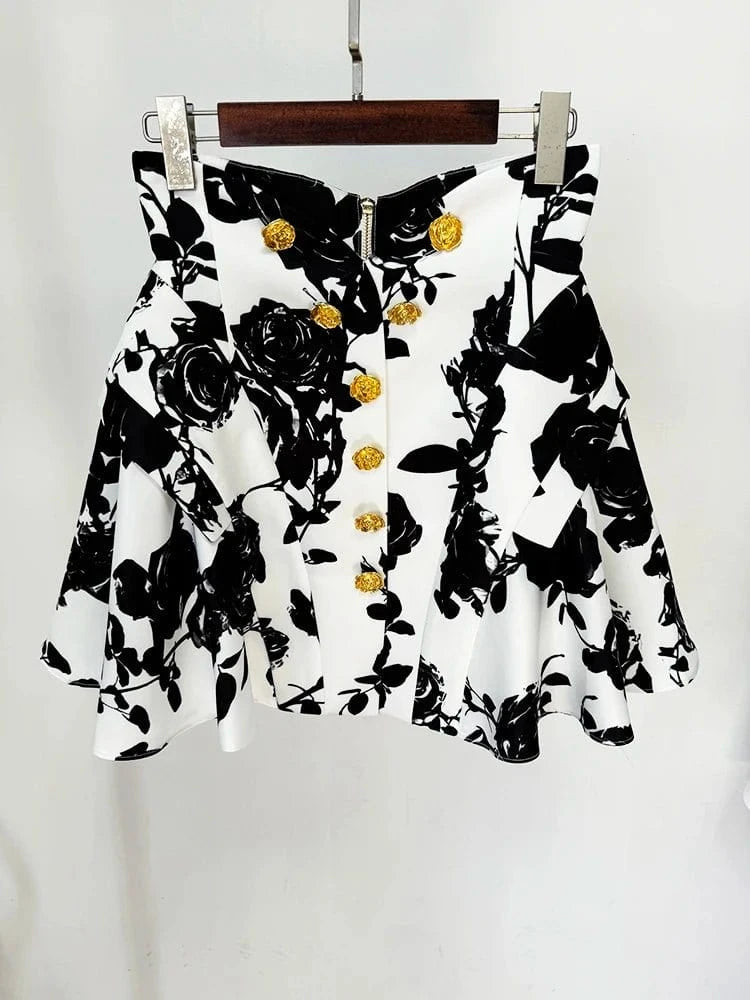 Black and White Printed Rose Mini Skirt