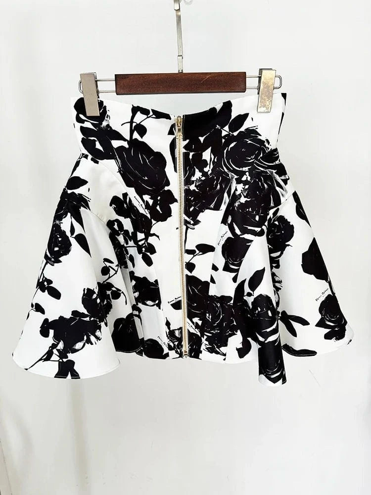 Black and White Printed Rose Mini Skirt