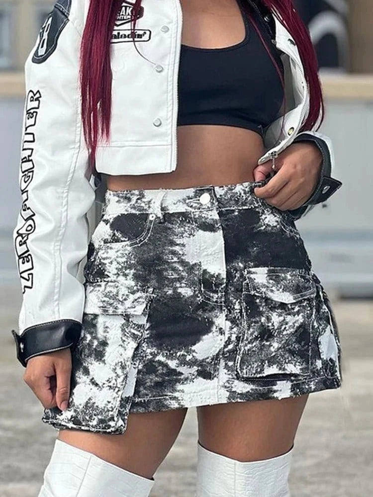 Black and White Tie Dye Mini Skirt