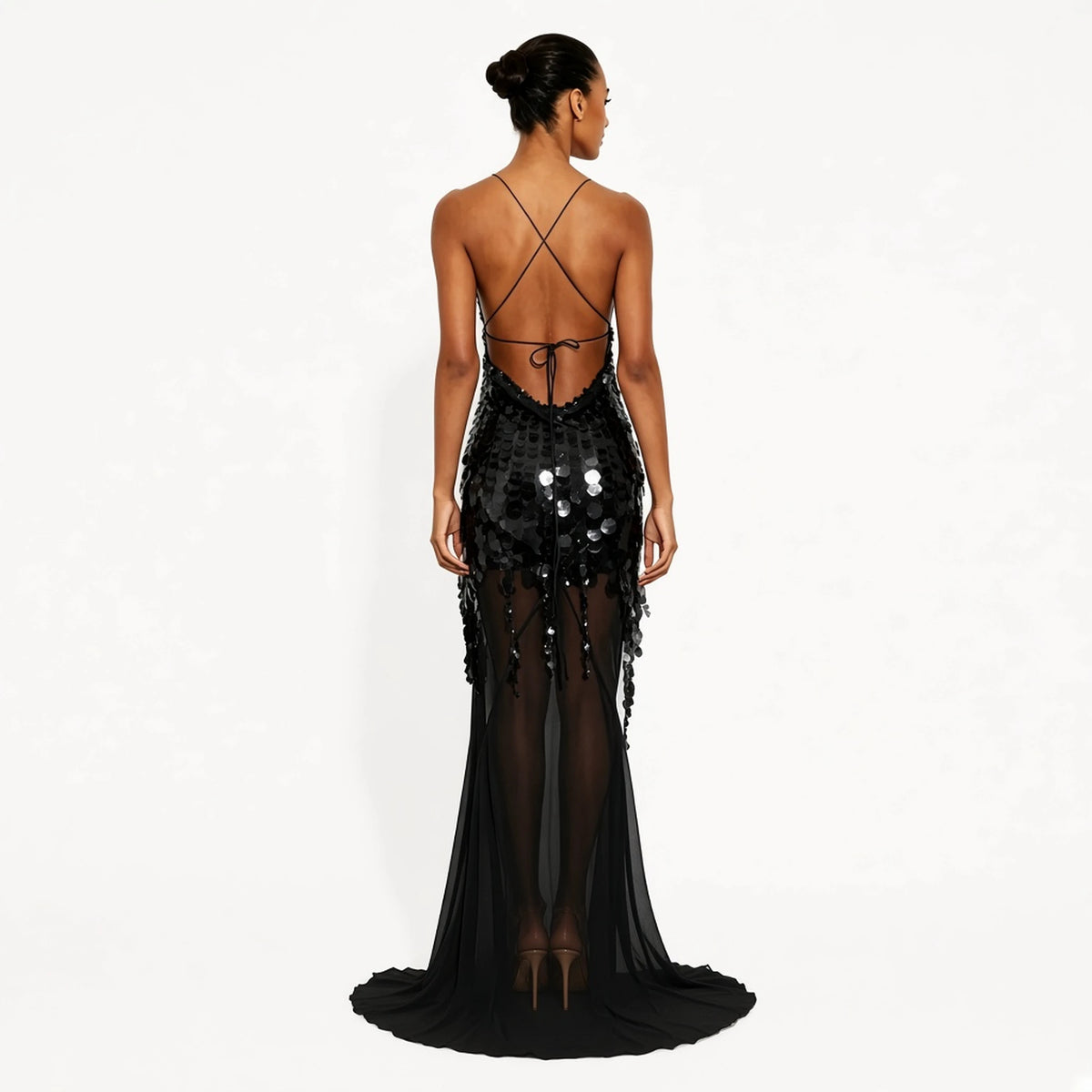 Sequin Mesh Mermaid Dress — black back