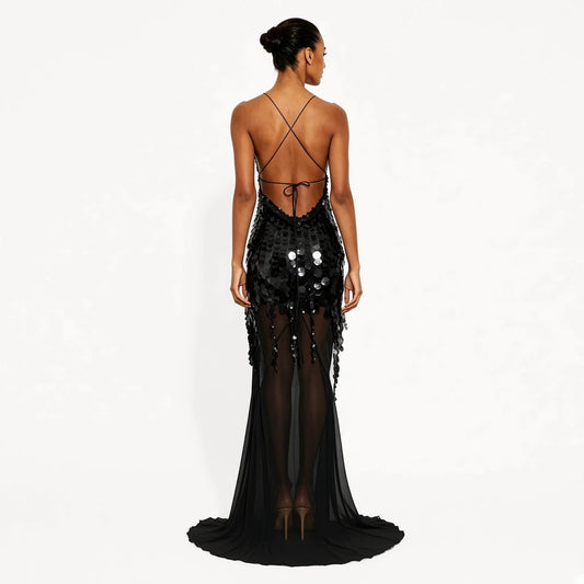 Sequin Mesh Mermaid Dress — black back