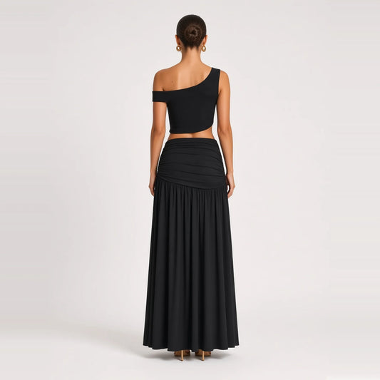 Off-Shoulder Crop Top & Ruched Maxi Skirt Set — black back