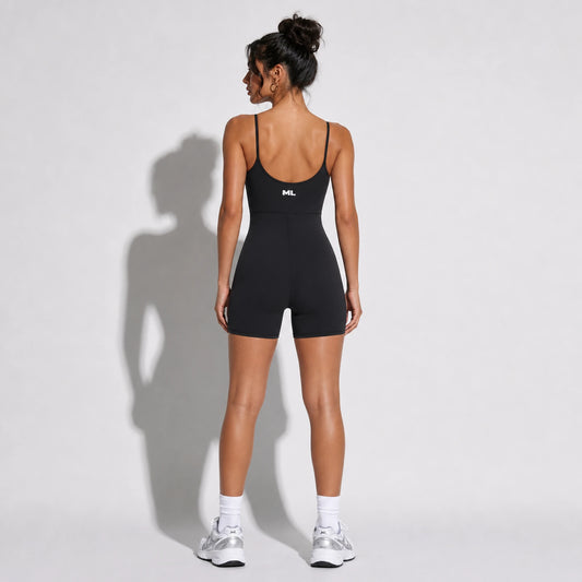 One Piece Yoga Romper — black back on-model 2048