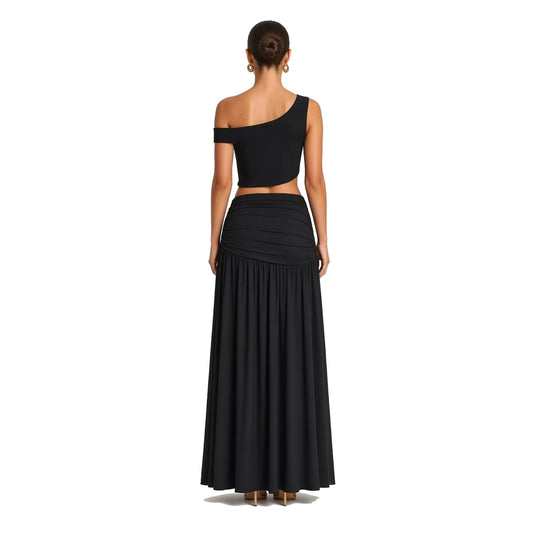 One-Shoulder Gold Rosette Maxi Set — black back