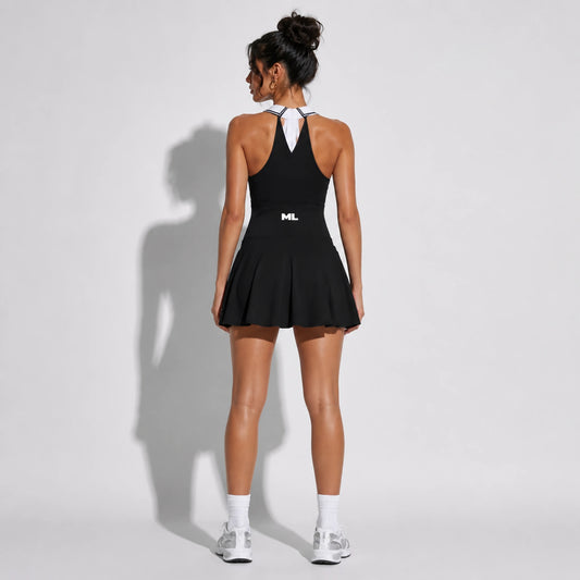 Collared Halter Tennis Dress —black back on-model 2048