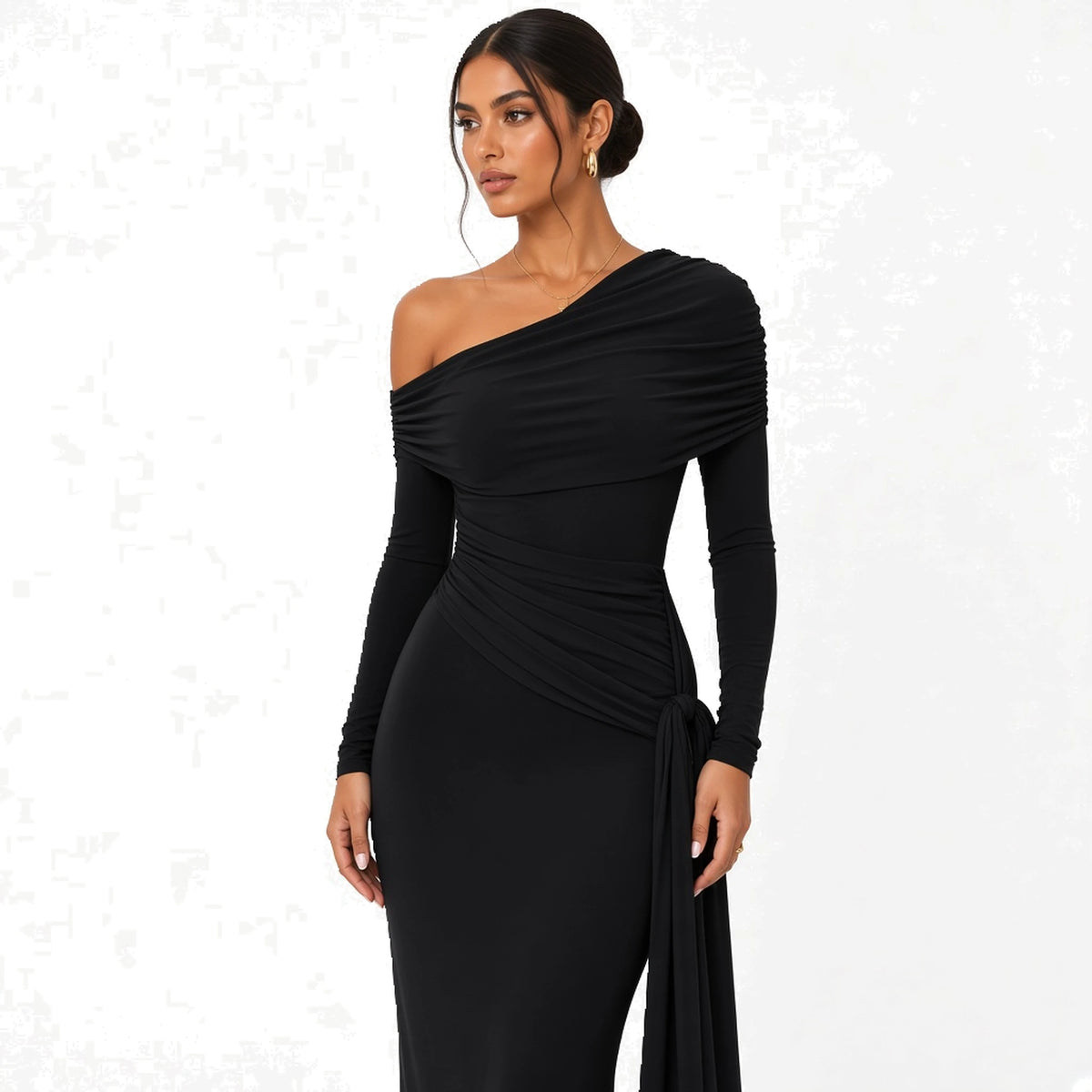 Ribbon One-Shoulder Gown — black close-up