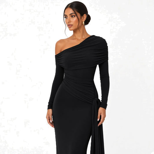 Ribbon One-Shoulder Gown — black close-up