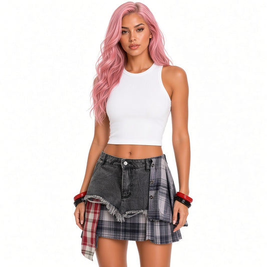 Plaid Denim Mini Skirt — black close-up