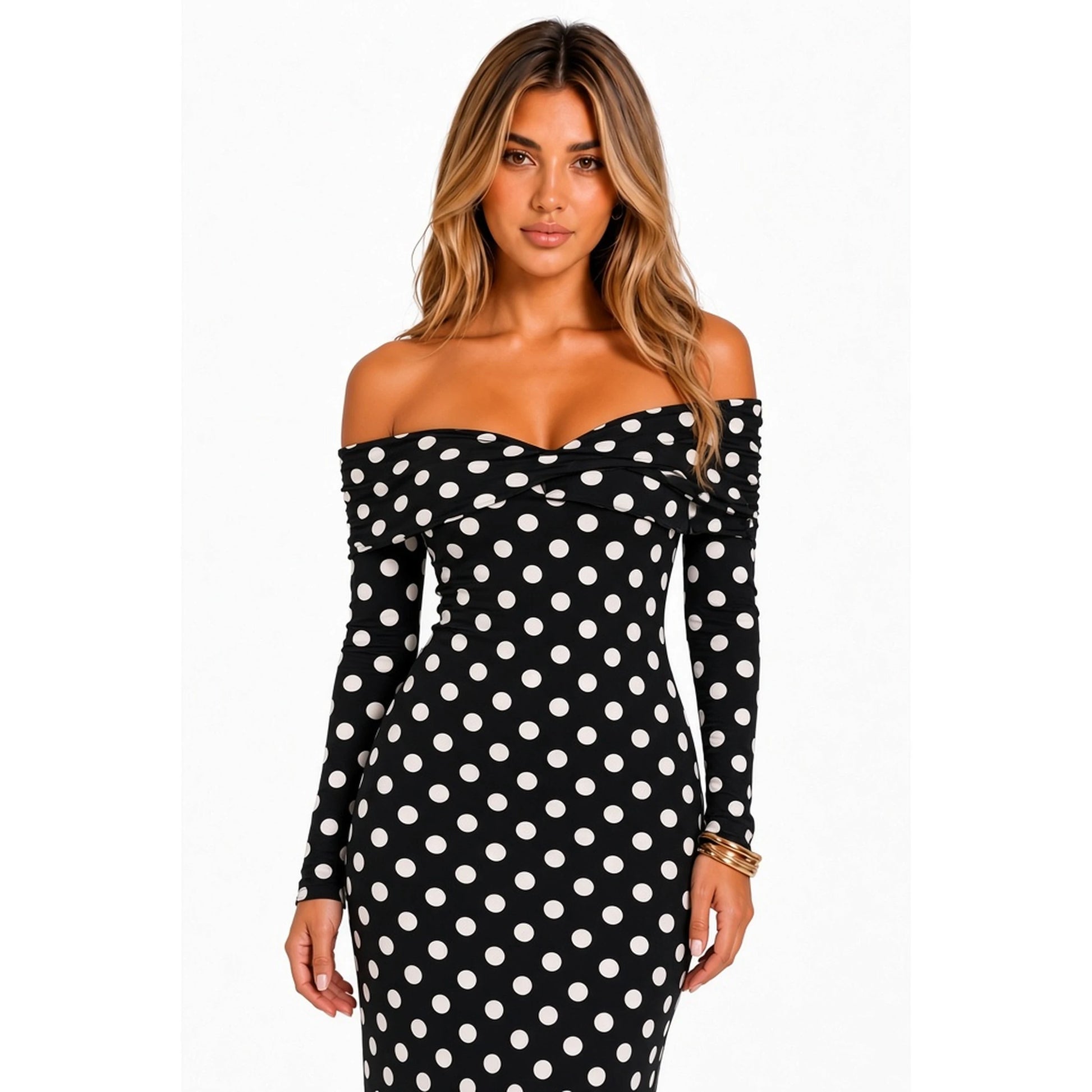 Retro Polka Dot Bodycon Long Dress — close-up