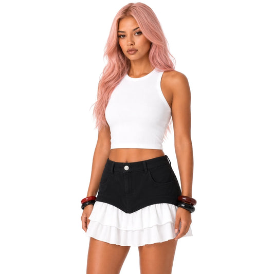 Y2K Ruffle A-Line Denim Skirt — black close-up