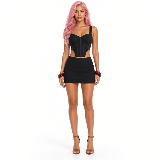 Black Denim Corset Top — front