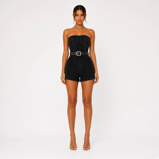 Black Denim Tube Romper — front