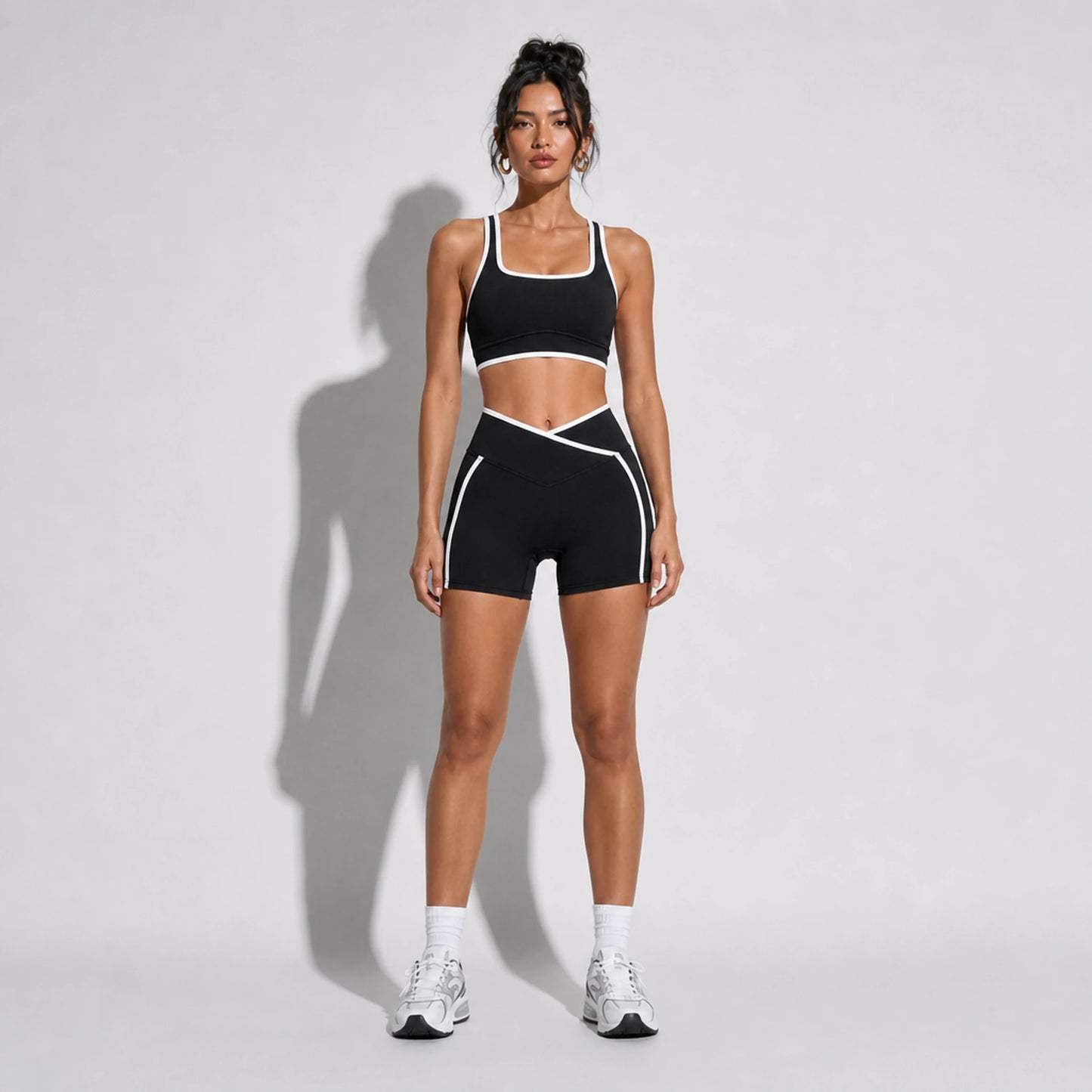 High Stretch Solid Yoga Shorts Set — black front