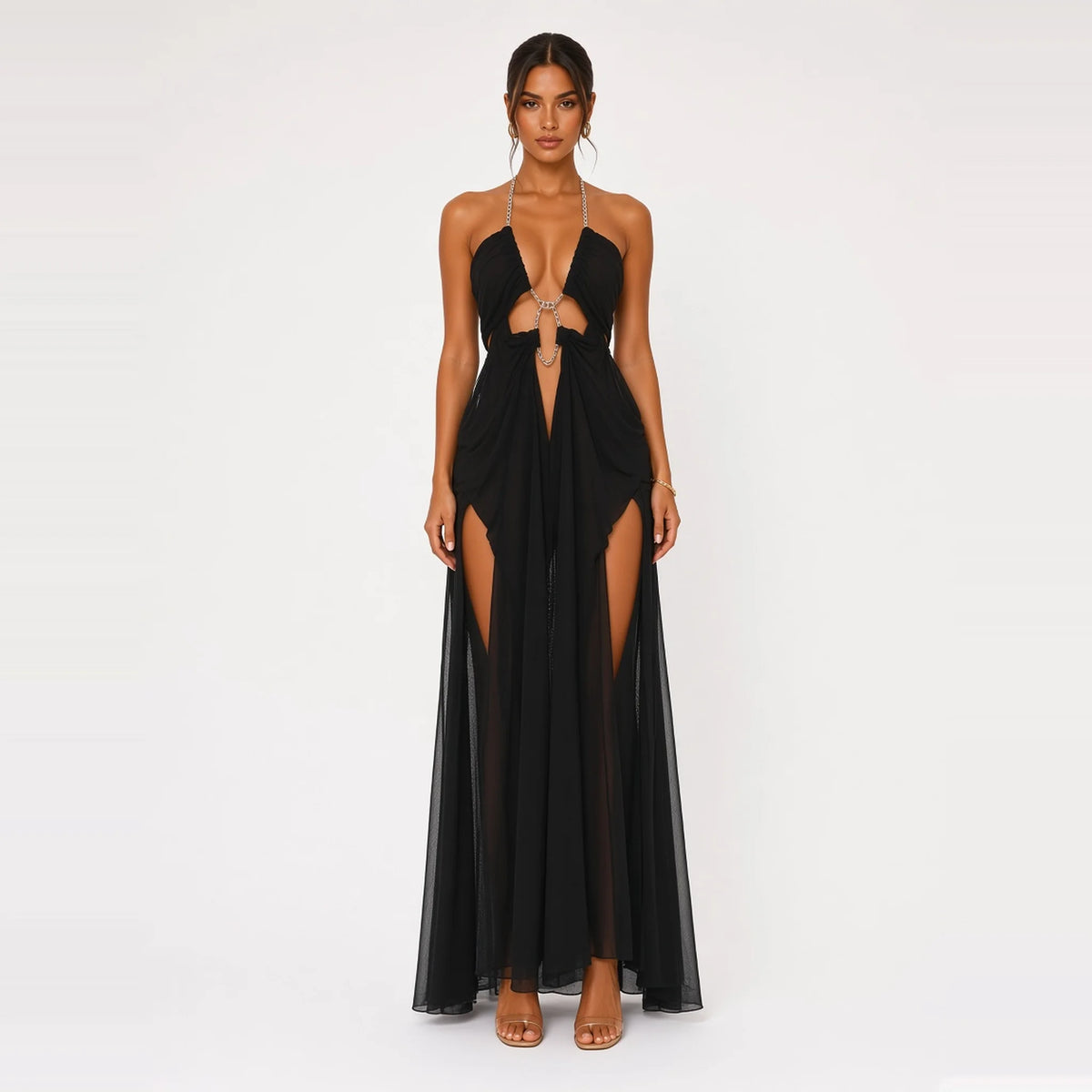 Rhinestone Chain Halter Backless Maxi Dress — black front