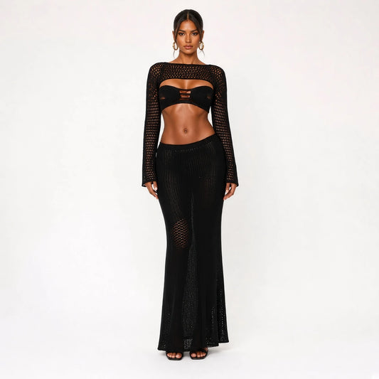 Chic Crochet Knit Skirt Set — Black front