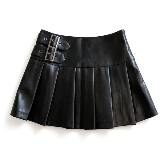 PU Leather Double-Buckle Pleated Mini Skirt — black front