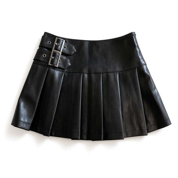 PU Leather Double-Buckle Pleated Mini Skirt — black front