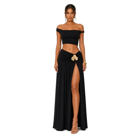 One-Shoulder Gold Rosette Maxi Set — black front