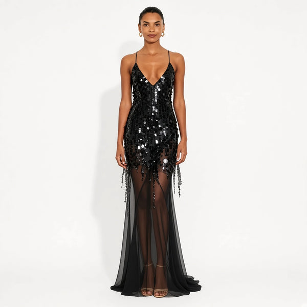 Sequin Mesh Mermaid Dress — black front