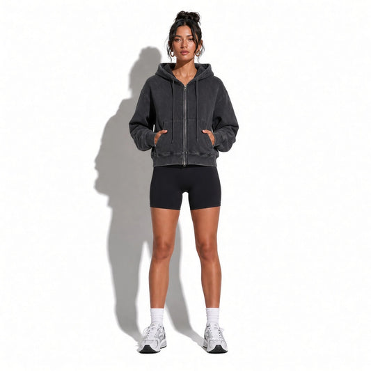 Washed Zipper Cardigan Jacket — black front