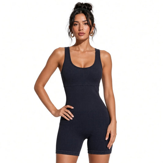 Ribbed Tank Top Rompers — Black front